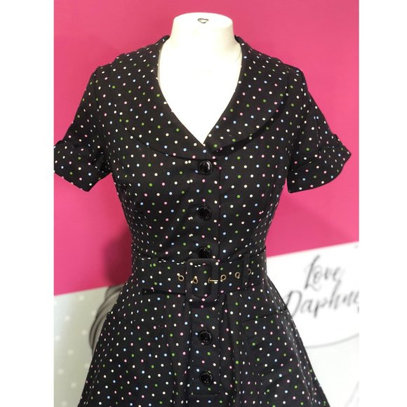 1950s Black and Multicolor Polka Dots Brette Swing Dress - Picture 4 of 8